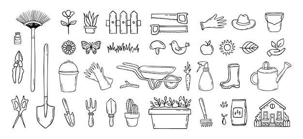 Gärtnerwerkzeuge mit handgezeichneten Doodle-Ikonen-Set Hobby-Gärtnerei Gartenartikel für die Pflanzenpflege und die Gartenreinigung Gartenlinie Clipart