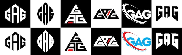 Vektor gag-buchstaben-logo-design in sechs stilen. gag-polygon-kreis-dreieck-sechseck-flacher und einfacher stil mit schwarz-weißer farbvariation. buchstaben-logo auf einer zeichenfläche. gag-minimalistisches und klassisches logo