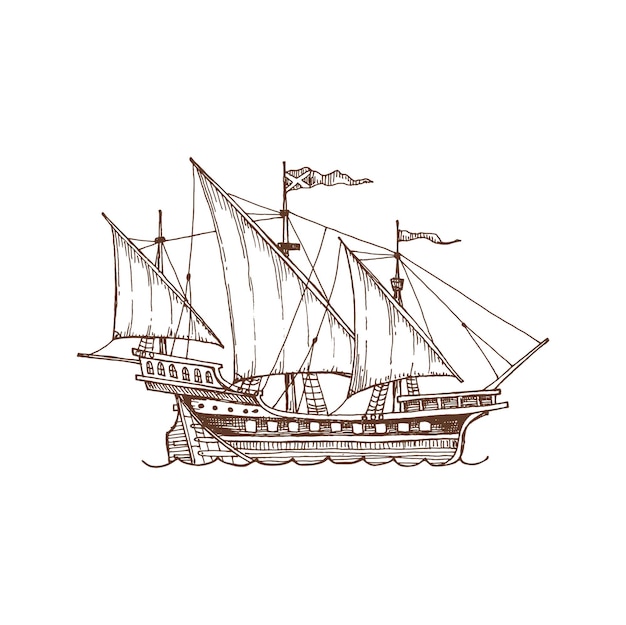 Vektor galleon schiff segelboot alte brigantine skizze