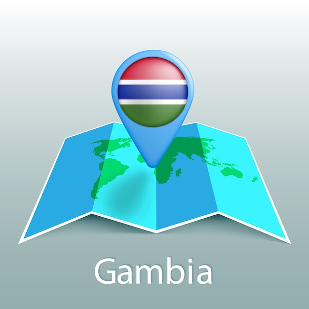 Gambia flagge weltkarte in pin mit namen des landes auf grauem hintergrund