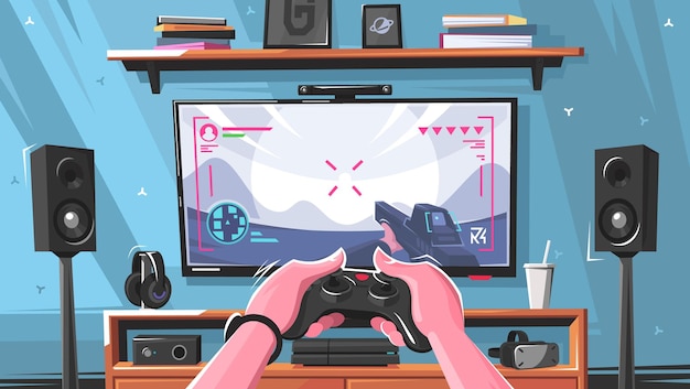 Vektor gamer in der virtuellen realität person spielt online-spiele auf konsolen teenager spielt eine firstperson