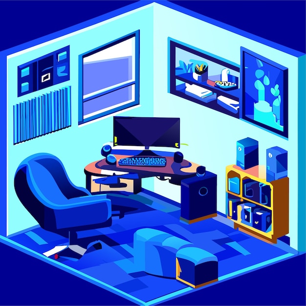 Gamer-wohnzimmer mit möbeln und spielgeräten illustration des blauen interieurs