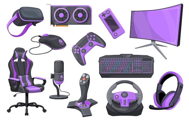 Gamer-Zubehör Professionelle Spiele-Ausrüstung Spiel-Streaming-Set Videospiel isolierte Werkzeuge Headset Tastatur Maus Display Mikrofon Stuhl PC Hardware-Gerät ordentliche Vektor-Illustration
