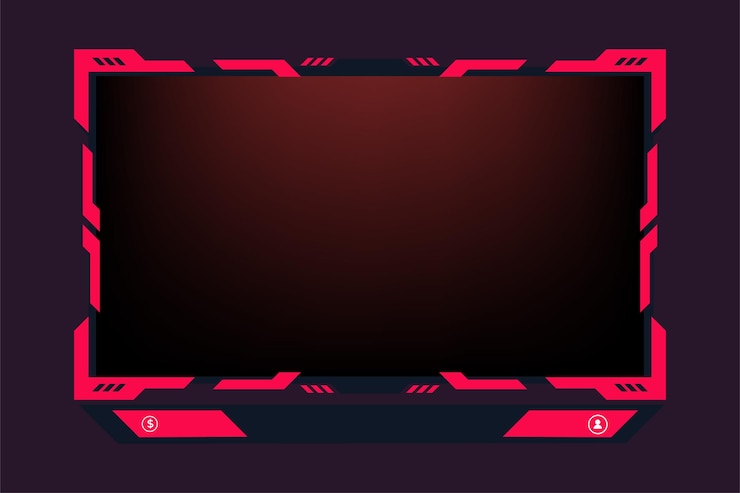 Vektor gaming-screen-panel-design mit roten rändern auf dunklem hintergrund live-streaming-overlay-vektor mit schaltflächen für online-gamer gamers-screen-panel-dekoration mit abstrakten formen und lichtern