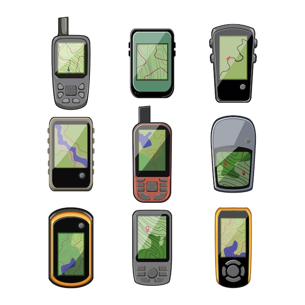 Gandheld-gps-set, cartoon-gerät, karte, outdoor-navigator, ausrüstung, standort, gandheld-gps-schild, isolierte symbolvektorillustration