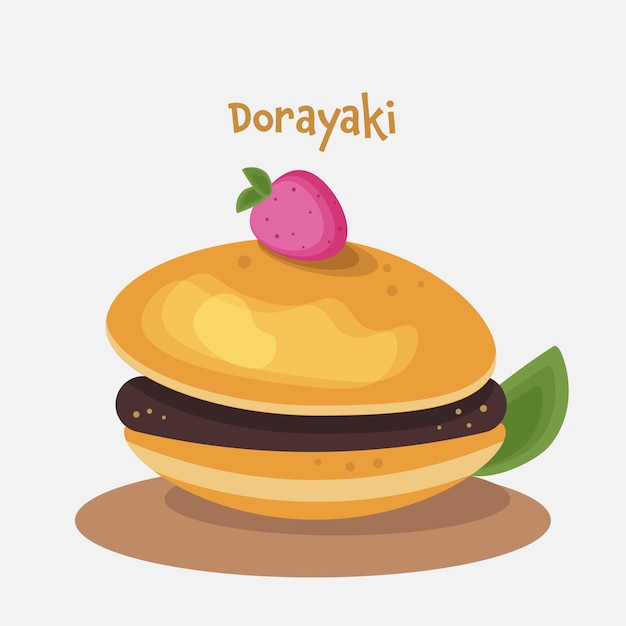 Ganze japanische dorayaki-pfannkuchen mit schokoladenfüllung im flachen karikaturstil.