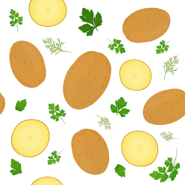 Vektor ganze kartoffeln und kartoffelscheiben lokalisiert auf weißem hintergrund. ungeschälte kartoffelknolle mit petersilienblättern. illustration. nahtloses muster.