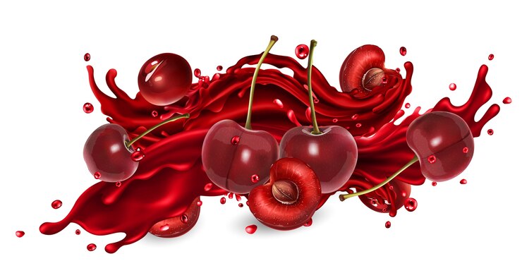 Ganze und geschnittene Kirschen und ein Spritzer roter Fruchtsaft auf weißem Grund.