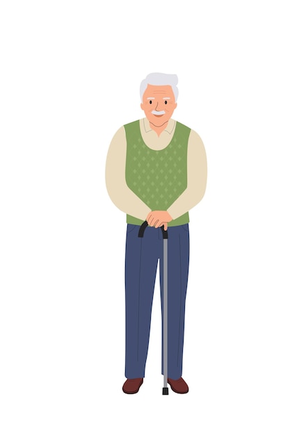 Vektor ganzkörper älterer mann mit spazierstock isoliert vektor-illustration im flachen stil