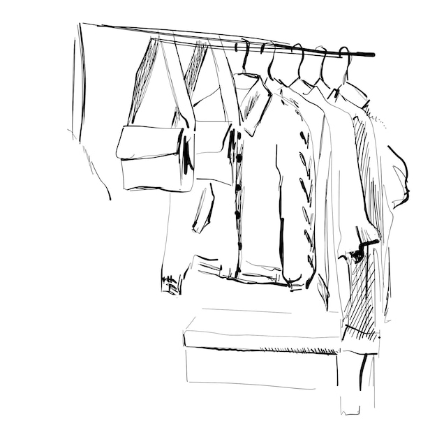Vektor garderobenskizze kleidung auf den kleiderbügeln mantel und kleid