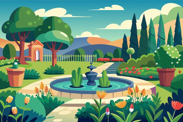 Vektor garten-landschaft cartoon-vektor illustration flach-stil kunstwerk konzept