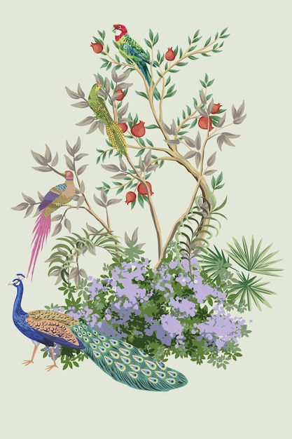 Vektor garten mit pfauenpapagei und vogelvektor-illustration
