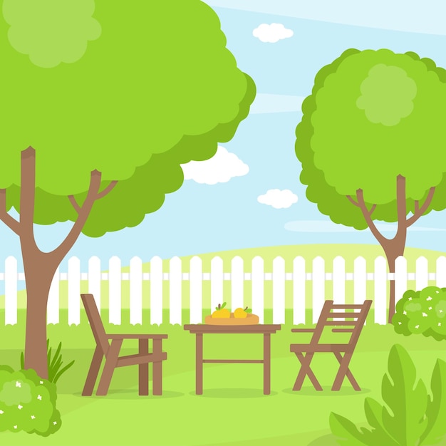 Garten mit Pflanzen und Gartenmöbeln