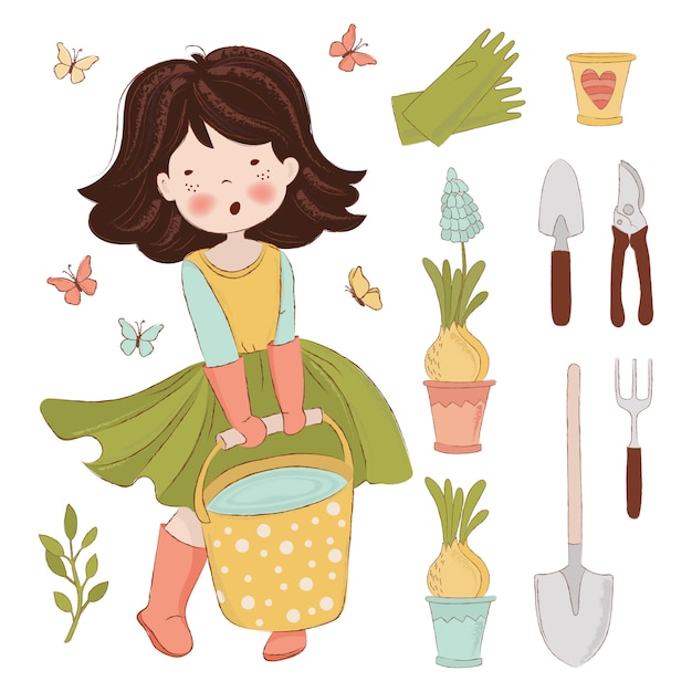 Gartenarbeit frühling illustration set