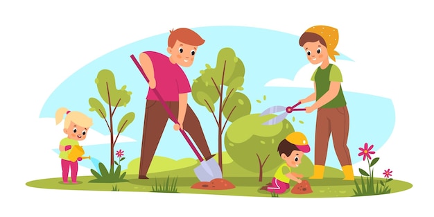 Gartenarbeit in der Familie Cartoon-Eltern und Kinder kümmern sich um Pflanzen Saisonale Landarbeit Mutter schneidet Busch Vater gräbt Boden Kinder gießen und pflanzen Blumen Vector Outdoor People Group Activities