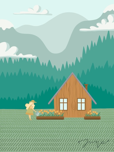 Gartenarbeit Mädchen mit Gießkanne und Blumen Vektor-Illustration Juni Schriftzug Kalendertapete