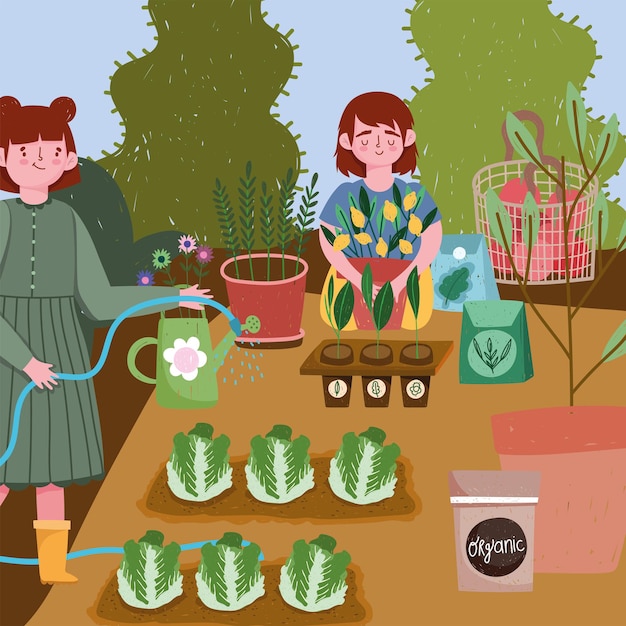 Gartenarbeit, mädchen sprühen wasser plantantion samen packungen illustration