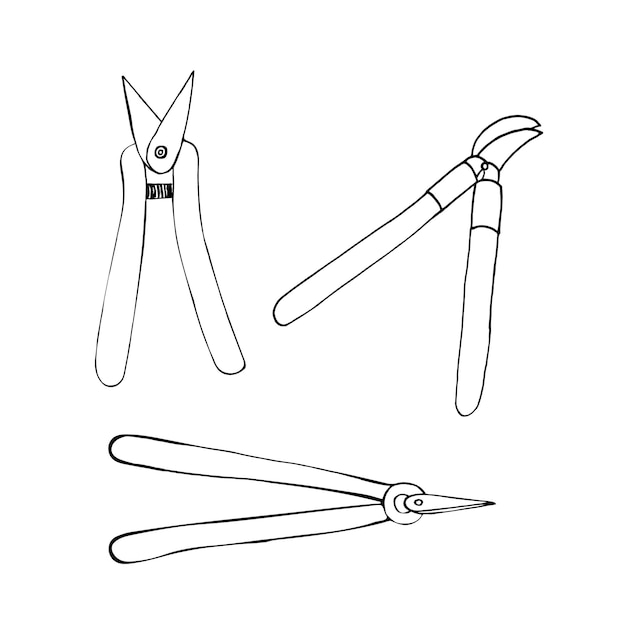 Vektor gartenschere doodle illustration set gartenschere vektor umriss illustration gartengeräte isoliert auf weißem hintergrund