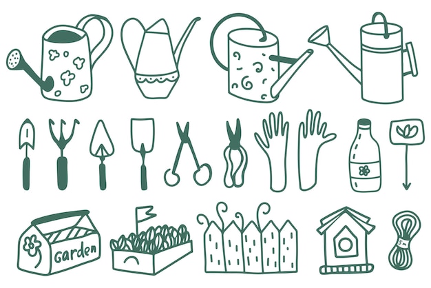 Vektor gartenset im doodle- und cartoon-stil in grün vier gießkannen-gartengeräte
