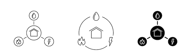 Gas, strom, wasser, öffentliche versorgungsbetriebe, liniensymbol-set, editierbare strichillustration