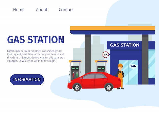 Gas tankstelle vektor website vorlage. transportkraftstoff und benzin bezogen sich auf servicegebäude, rotes auto und karikaturarbeitskraftillustration. benzin, benzin und tankstelle mit laden.