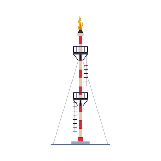 Vektor gas-tower-rig mit feuer benzin- und erdölproduktion industrie flachstil vektor-illustration auf weißem hintergrund