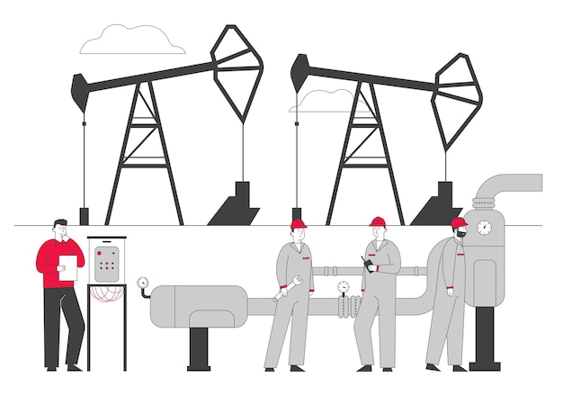 Vektor gasindustriekonzept mit männlichen charakteren, die an der pipeline arbeiten.