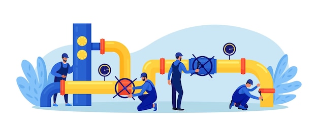 Gasproduktion in der Ölindustrie Betreiber kontrollieren den Öl- und Gastransport von der Anlage mit Ölpipeline Fossile Ressourcen Kraftstoffprodukte Ingenieure in Arbeitskleidung inspizieren Erdölpipelines