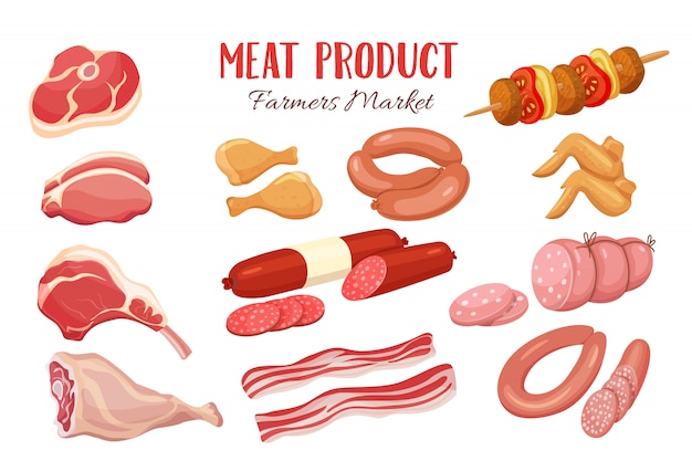 Gastronomische Fleischprodukte im Cartoon-Stil.