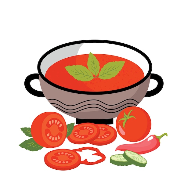 Vektor gazpacho-suppe in einer schüssel tomaten, gurken und paprikascheiben vektorweißer hintergrund