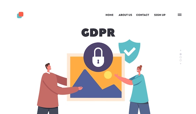 Gdpr landing page template datenschutz social media dokumente sicherheit winzige zeichen mit riesiger mediendatei