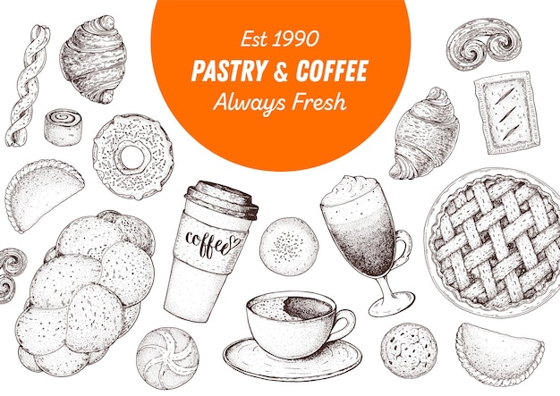Gebäck und Kaffee Kaffeehaus-Menü Illustration verschiedener Backwaren Handgezeichnete Vektorillustration Bäckerei-Skizze Hintergrundvorlage für Design Eingraviertes Lebensmittelbild Draufsicht