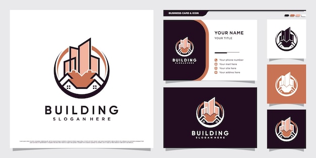 Gebäude-logo-design-illustration für den bau mit kreativem element und visitenkartenvorlage