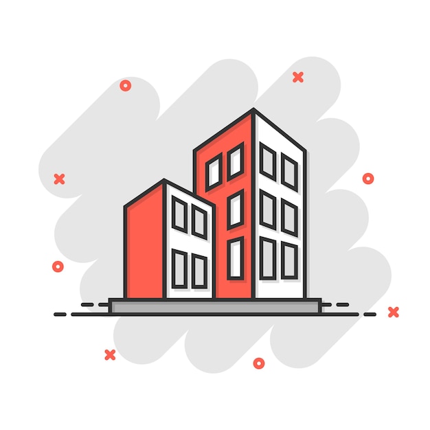 Gebäude-symbol im comic-stil wolkenkratzer cartoon-vektor-illustration auf weißem, isoliertem hintergrund geschäftskonzept mit spritzeffekt für die architektur