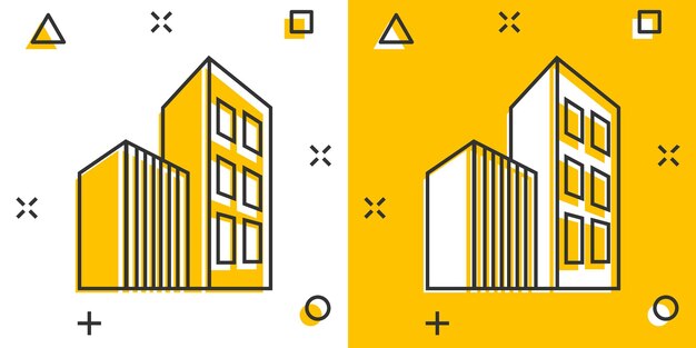 Gebäude-Symbol im Comic-Stil Wolkenkratzer Cartoon-Vektor-Illustration auf weißem, isoliertem Hintergrund Geschäftskonzept mit Spritzeffekt für die Architektur