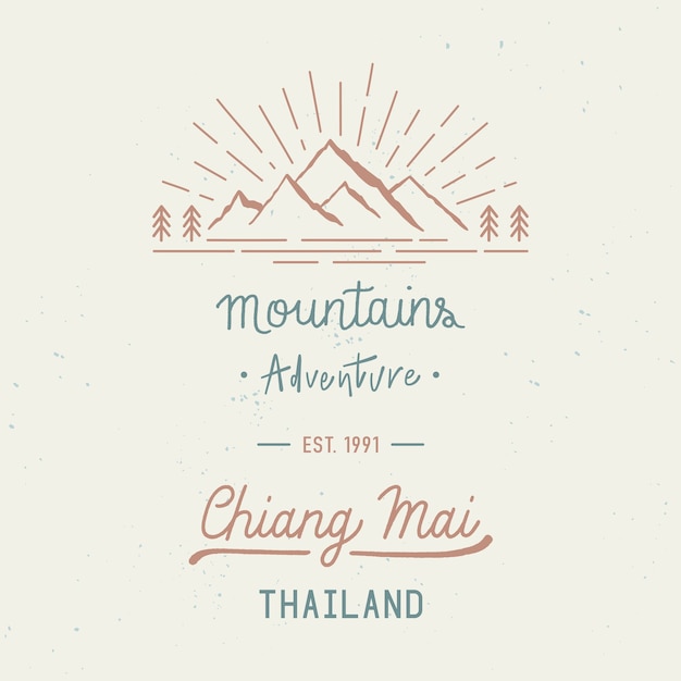 Gebirgsabenteuer mit chiang mai handformulierung. städtename in der nördlichen provinz von thailand. reisekonzept mit abstrakten aquarellspritzern.