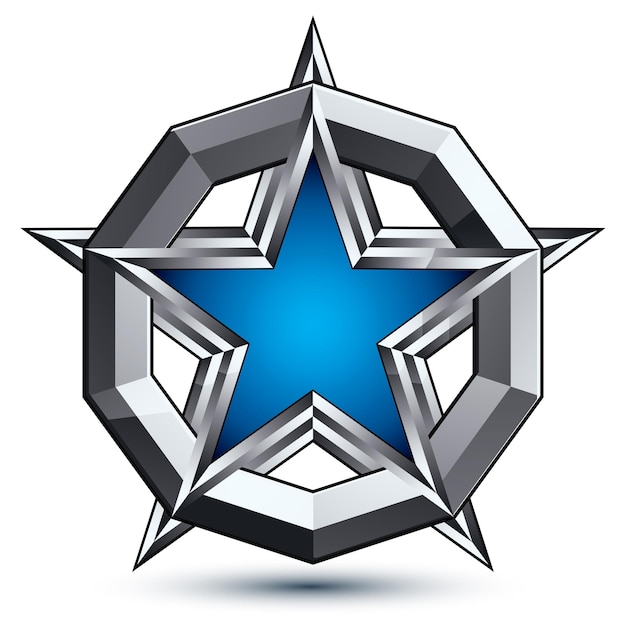 Gebrandetes silbernes abgerundetes geometrisches symbol, stilisierter fünfeckiger blauer stern in einem silbernen ring, am besten für den einsatz im web- und grafikdesign. poliertes vektorsymbol isoliert auf weißem hintergrund, eps8.