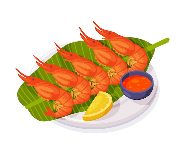 Gebratene Garnelen mit Soße, die auf grünen Blättern als traditionelle thailändische Lebensmittelvektorillustration serviert werden