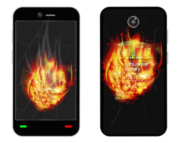 Gebrochene smartphone-explosion mit brennendem feuer