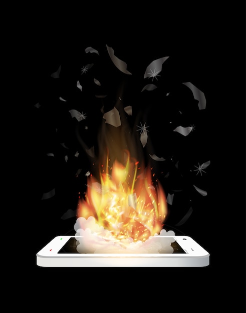 gebrochene Smartphone-Explosion mit brennendem Feuer