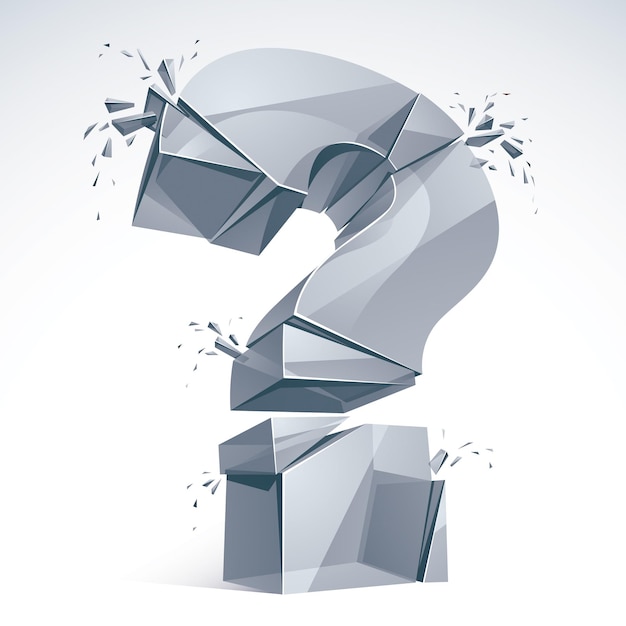 Gebrochenes Fragezeichen explodiert, Abfrage zerbricht in Stücke, Vektor 3d realistische Illustration. Sonderzeichen konzeptionelles Symbol, Zweifel, Schwierigkeit, FAQ und Support-Konzept.