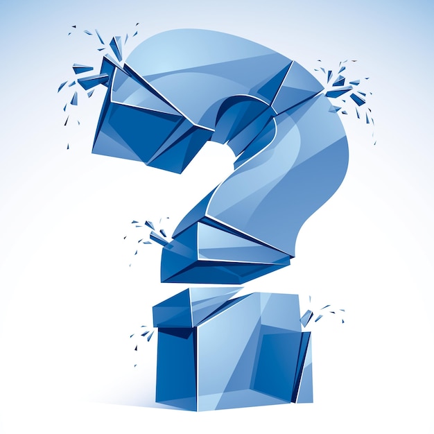 Gebrochenes Fragezeichen explodiert, Abfrage zerbricht in Stücke, Vektor 3d realistische Illustration. Sonderzeichen konzeptionelles Symbol, Zweifel, Schwierigkeit, FAQ und Support-Konzept.