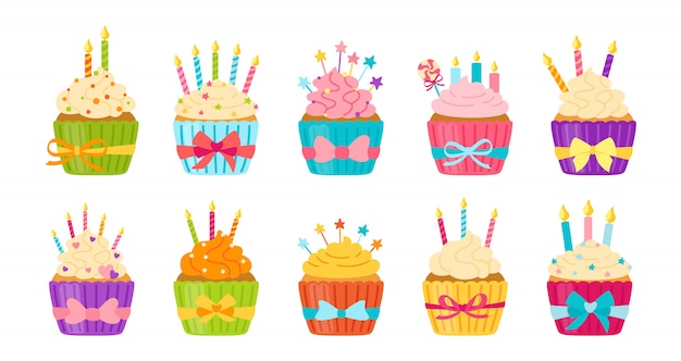 Geburtstag cupcake flat set cartoon muffin