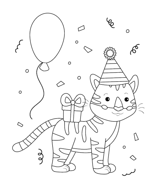 Geburtstag malvorlagen für kinder. cartoon tiger mit geschenk und luftballons.