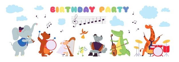 Geburtstag musikalische tiere. musiker, der instrument spielt, babypartyfahne der netten charaktere der feier. anständiger partykartenvektor. illustration musikalische geburtstagskarte, charakter mit instrumenten