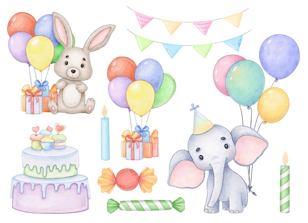 Geburtstag niedliche Tiere Aquarell Clipart