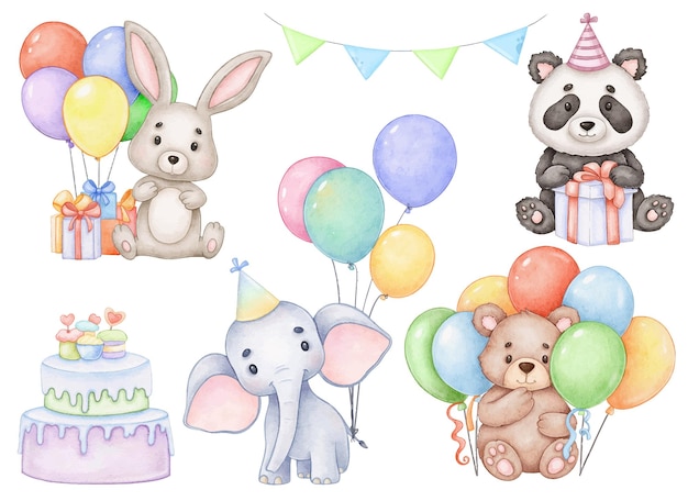 Vektor geburtstag niedliche tiere aquarell clipart