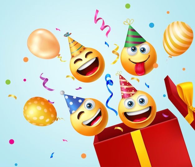 Geburtstags-Emojis-Geschenk-Vektordesign Emoji fröhliche und lustige Gesichter in Überraschungs-Explosionsbox mit Hüten