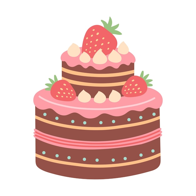 Geburtstags Erdbeerkuchen isoliert auf weißem flachen Cartoon-Design für Postkarten und Aufkleber