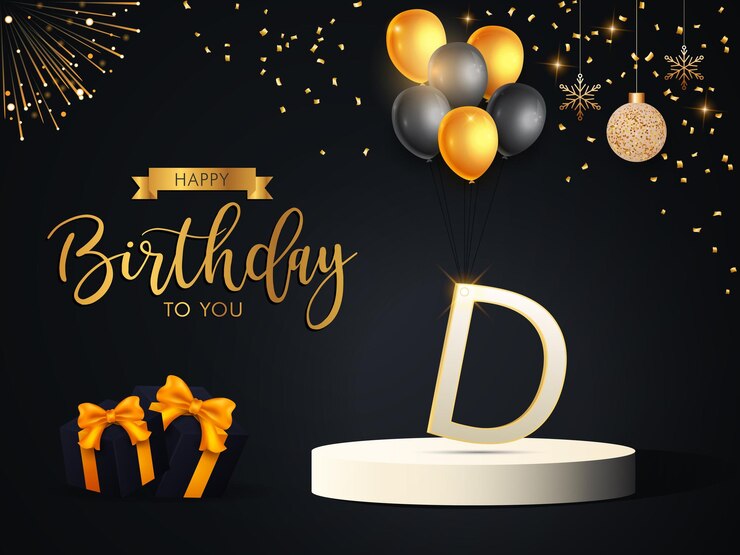 Geburtstagsdesign mit Alphabet D und Luftballons in goldener Farbe